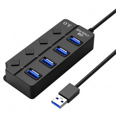 Hub USB cu 4 porturi Techstar&amp;reg; HUBA0701, 1 x USB 3.0, 3 x USB 2.0, indicator LED pentru putere, comutator independent, Negru foto