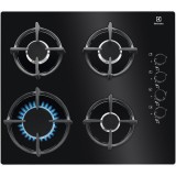 Plita incorporabila pe gaz Electrolux KGG6407K, 4 zone de gatit, aprindere electrica, dispozitiv de siguranta, gratare fonta, 60 cm, sticla neagra