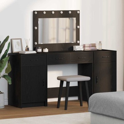 Set masă toaletă cu LED, 3 piese, negru, lemn prelucrat foto