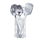 Set ustensile de bucatarie, cu 7 piese, din otel inoxidabil, cu suport vertical inclus, design deosebit, argintiu