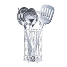 Set ustensile de bucatarie, cu 7 piese, din otel inoxidabil, cu suport vertical inclus, design deosebit, argintiu