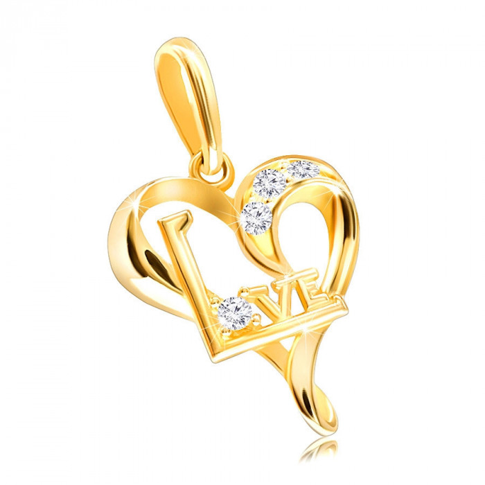 Pandantiv cu diamant din aur galben de 14K - inimă cu inscripția &bdquo;LOVE&rdquo;, diamante limpezi