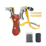 Cumpara ieftin Set prastie metalica cu laser si 100 bile metalice 10 mm, 12 cm, boloboc, maner lemn, maro, husa inclusa