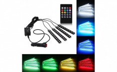 Set 4 benzi LED cu lumina ambientala auto RGB, cu telecomanda Mania foto