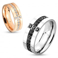 Inel realizat din oțel 316L, culoarea cuprului, linie strălucitoare din zirconiu transparent, 6 mm - Marime inel: 51