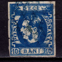 RO 1869 ,LP 26 ,"Carol I cu favoriti",10 bani albastru/h. galbuie , stampilat