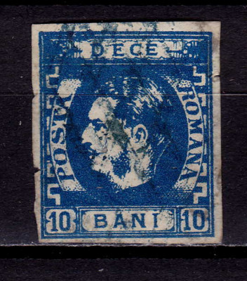 RO 1869 ,LP 26 ,&amp;quot;Carol I cu favoriti&amp;quot;,10 bani albastru/h. galbuie , stampilat foto