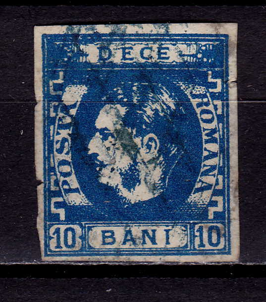 RO 1869 ,LP 26 ,&quot;Carol I cu favoriti&quot;,10 bani albastru/h. galbuie , stampilat