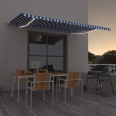 vidaXL Copertină retractabilă manual cu LED, albastru&amp;alb, 500x350 cm