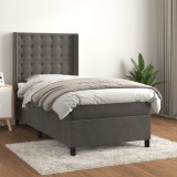 Gossi pat box spring cu saltea, gri inchis, 100x200 cm, catifea