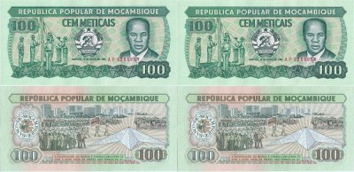 2 x 1983 ( 16 VI ) , 100 meticais ( P-130a.1 ) - Mozambic - stare UNC foto