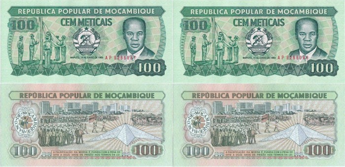 2 x 1983 ( 16 VI ) , 100 meticais ( P-130a.1 ) - Mozambic - stare UNC