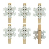 Set Clestisori Craciun, Lemn, Model Fulgi Albi cu Glitter, 5x3cm, 6 Bucăți