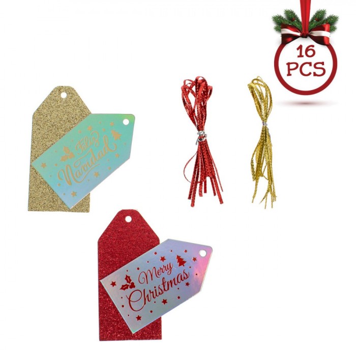 Etichete Cadouri Crăciun, Glitter, Roșu, Auriu, 5x10.5cm, Set 16 Bucăți, Panglici Roșii-Albe