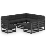 vidaXL Set mobilier grădină cu perne, 10 piese, negru, lemn masiv pin 3076843