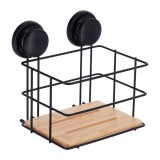 Coș Cosmetice Inalt Metal/Bambus Cu Ventuze &ndash; Negru / Bamboo | Etajere Baie