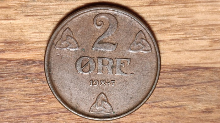 Norvegia - moneda de colectie - raruta - 2 ore 1947 bronz - impecabila !