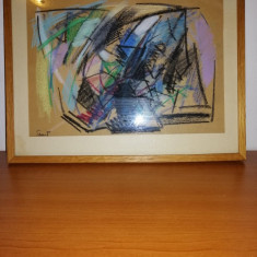 Tablou desen pastel pe hartie abstract semnat rama lemn sticla