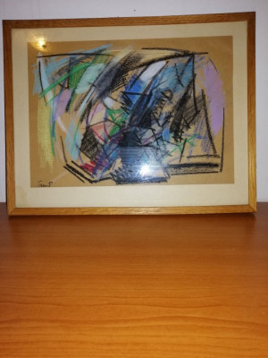 Tablou desen pastel pe hartie abstract semnat rama lemn sticla foto