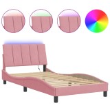 Cadru de pat cu LED fara saltea, Hanko, roz, 100x200 cm, catifea