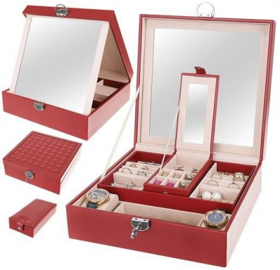 Cutie Caseta Organizatoare cu Oglinda pentru Ceasuri, Bijuterii sau Accesorii, 16 Compartimente, Visiniu foto