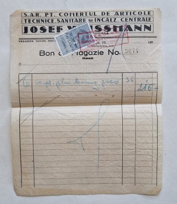Bon comercial Josef Weissmann cu timbru fiscal 2 lei &amp;ndash; București anii &amp;rsquo;30&amp;ndash;&amp;rsquo;40 foto