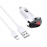 Cumpara ieftin Set incarcator auto dual USB, Borofone BZ15, cu cablu 8-pin Lightning 1m, cu afisaj LED, Borofone BZ15, DC 12-24V, 5V 2.4 A, alb