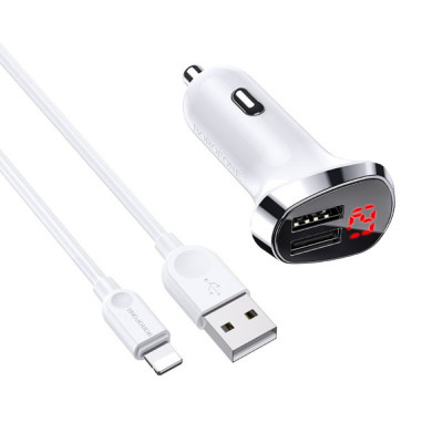 Set incarcator auto dual USB, Borofone BZ15, cu cablu 8-pin Lightning 1m, cu afisaj LED, Borofone BZ15, DC 12-24V, 5V 2.4 A, alb foto