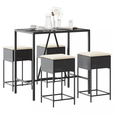 vidaXL Set mobilier bar de grădină cu perne, 5 piese, negru, poliratan foto