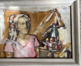Tablou / lucrare MERENIUC M. Adriana, 70 x 50, acrilic pe carton subtire, stampila Universitatea de Arta Bucuresti pictor roman arta romaneasca, Portrete, Impresionism