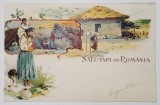 SALUTARI DIN ROMANIA , TIGANCA CU COPIII , SCENA LA BORDEI SI IN CURTEA CASEI , CARTE POSTALA ILUSTRATA , CROMOLITOGRAFIE , CLASICA , DATATA 1901