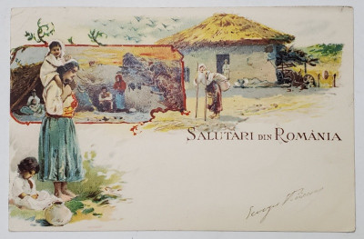 SALUTARI DIN ROMANIA , TIGANCA CU COPIII , SCENA LA BORDEI SI IN CURTEA CASEI , CARTE POSTALA ILUSTRATA , CROMOLITOGRAFIE , CLASICA , DATATA 1901 foto