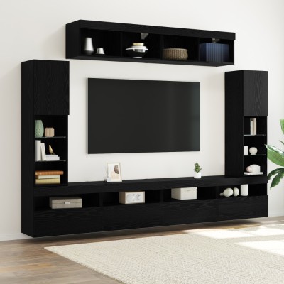 vidaXL Set de 8 unități TV de perete cu LED din stejar negru și lemn prelucrat foto