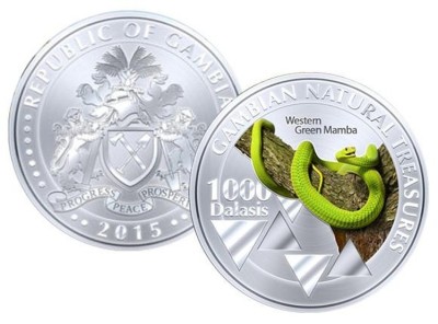 Gambia 1000 Dalasis 2015 Halcyon Sarpele Mamba Verde UNC 40mm foto