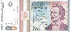 Bancnota Romania 1.000 Lei 1993 - P102 UNC ( varianta cu stema ) foto