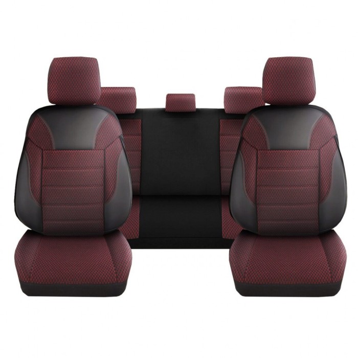 Set Huse Scaune Auto pentru Ford Kuga - DeluxeBoss Classico, bancheta rabatabila fractionata, 11 piese, rosu - negru