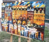 Cumpara ieftin Tablou pictat manual, Mic port in Amsterdam, 100x60cm ulei pe panza in cutit efect 3D, Leo Covaci