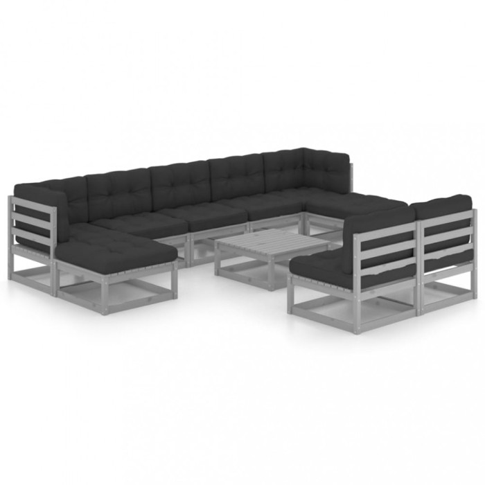 Set sezlonguri gradina cu perne, 10 piese, gri, lemn masiv pin