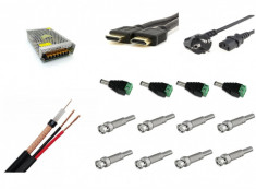 Kit accesorii sisteme de supraveghere 4 camere profesional cu cablu coaxial, sursa alimentare, mufe, cablu HDMI foto