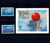 Maldives 1984 - Congres UPU, avion, zepelin, balon cu aer cald, serie si colita neuzata