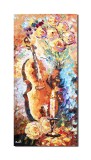 Cumpara ieftin Tablou pictat manual hol, living, dormitor, Natura statica cu vioara, trandafiri si lumanare, 80x40cm ulei pe panza in cutit efect 3D