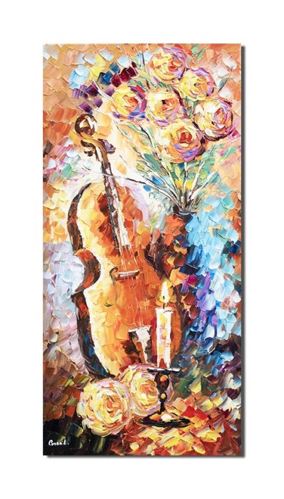 Tablou pictat manual, Natura statica cu vioara, trandafiri si lumanare, 80x40cm ulei pe panza in cutit efect 3D