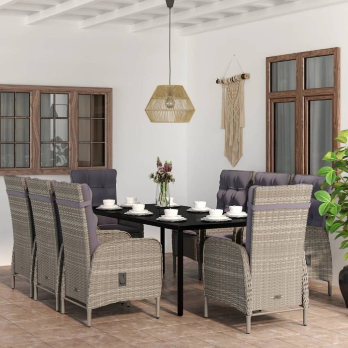 vidaXL Set mobilier de grădină cu perne, 9 piese, gri și negru 3099364