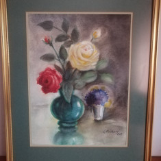 Tablou pictura acuarela pe hartie vaza trandafiri semnat datat 1975 56x44.5 cm