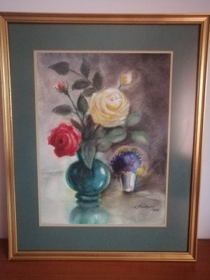 Tablou pictura acuarela pe hartie vaza trandafiri semnat datat 1975 56x44.5 cm foto