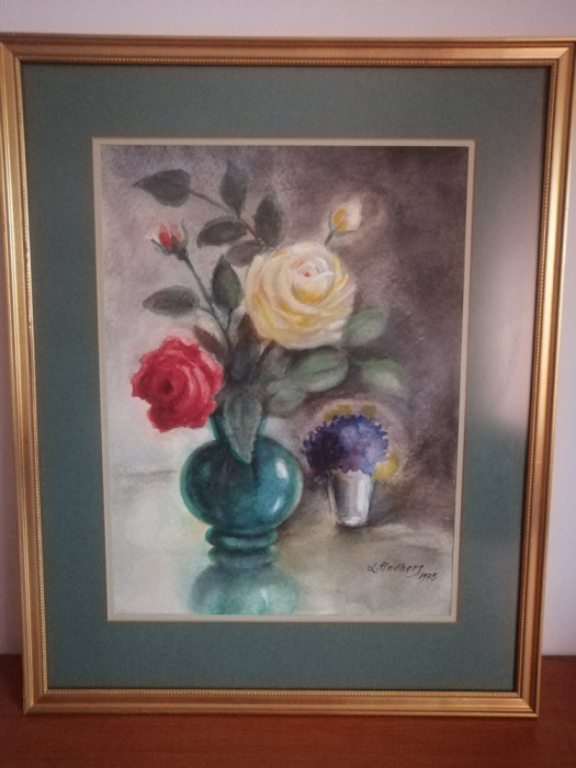 Tablou pictura acuarela pe hartie vaza trandafiri semnat datat 1975 56x44.5 cm