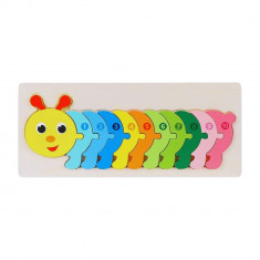 Puzzle 3D educativ incastru Montessori numerotat cu omida, Onore, multicolor, lemn, 30 x 13 x 1 cm,