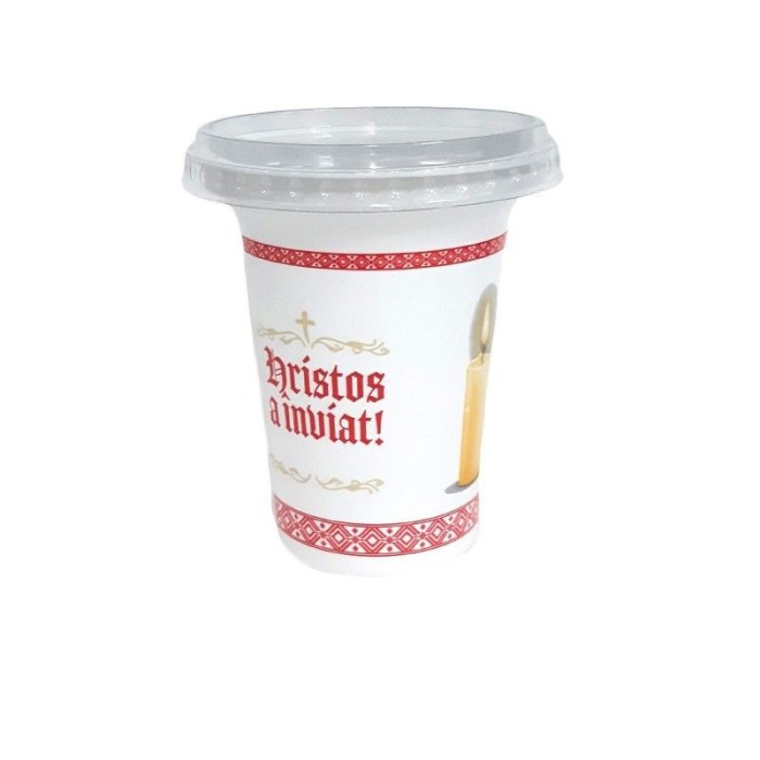 Set 100 buc Pahare de Pasti, Hristos a Inviat, din plastic, cu capac, 330 ml