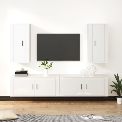 Set dulap TV, 4 piese, alb extralucios, lemn prelucrat foto