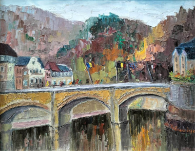 Maria Fr&amp;acirc;nculescu (1922-2010)-Sur Le Pont Bruge, pictură p&amp;acirc;nză licitată foto